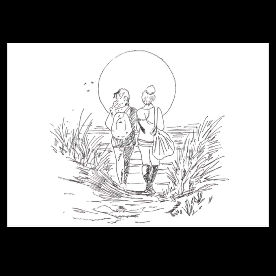 Illustrated scene of two women walking hand in hand toward the ocean at sunset, carrying bags and backpacks. A lesbian romance book style drawing that represents a lesbian love story and the beauty of lesbian fiction journeys.