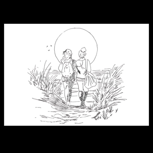 Illustrated scene of two women walking hand in hand toward the ocean at sunset, carrying bags and backpacks. A lesbian romance book style drawing that represents a lesbian love story and the beauty of lesbian fiction journeys.
