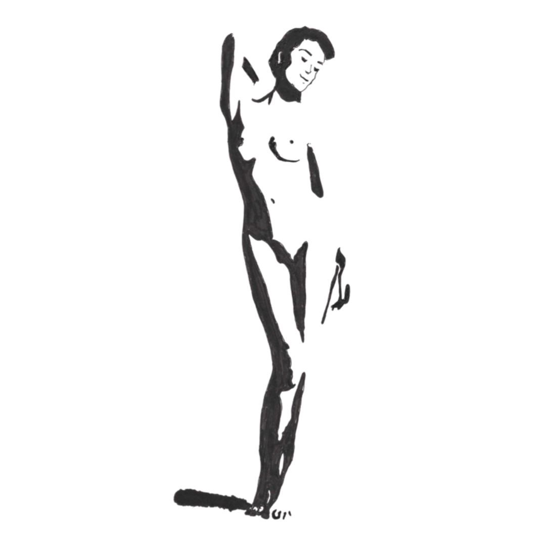Minimalist ink sketch by lesbian romance author Ruby Scott of a confident nude woman standing gracefully, celebrating feminine strength, vulnerability, and sensuality in a lesbian romance book, lesbian love story, and lesbian fiction artwork.
