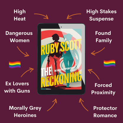 lesbian spy thriller and lesbian fiction trope graphic for The Reckoning by Ruby Scott, showing the ebook cover surrounded by themes including high heat, dangerous women, ex lovers with guns, morally grey heroines, high stakes suspense, found family, forced proximity, and protector romance. A gripping lesbian love story thriller from the Art of Deception series by lesbian romance author Ruby Scott and lesbian romance fiction author Ruby Scott.