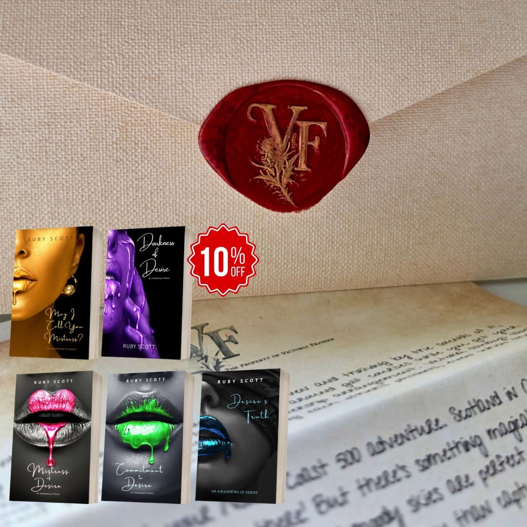 A red and gold wax seal featuring the initials "RS" in the centre, a diamond icon above, and a heart below. The outer ring reads "Ruby Scott • Lesbian Romance Books" in embossed text. Plus signed copies of The bestselling awakening of desire series.