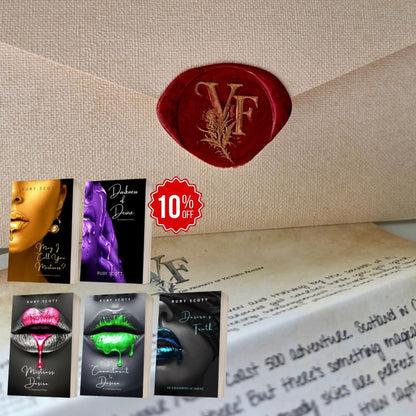 A red and gold wax seal featuring the initials "RS" in the centre, a diamond icon above, and a heart below. The outer ring reads "Ruby Scott • Lesbian Romance Books" in embossed text. Plus signed copies of The bestselling awakening of desire series.