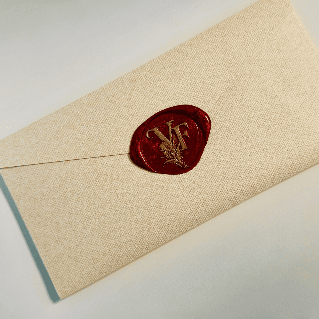A textured beige envelope sealed with a glossy red wax stamp featuring the initials "VF" in gold, entwined with a botanical thistle motif. The elegant presentation evokes a sense of mystery and romance tied to the character Victoria Fraser.