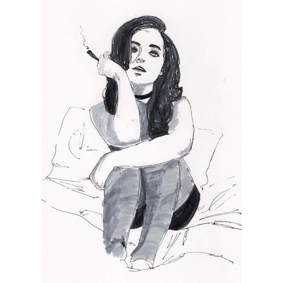 Monochrome drawing by lesbian romance author Ruby Scott showing a woman sitting on a bed, cigarette in hand, lost in thought, capturing introspection and desire in a lesbian romance book, lesbian love story, and lesbian fiction art print.