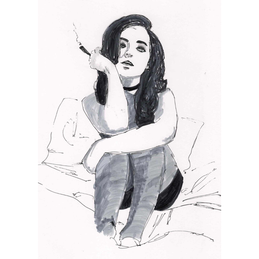 Monochrome drawing by lesbian romance author Ruby Scott showing a woman sitting on a bed, cigarette in hand, lost in thought, capturing introspection and desire in a lesbian romance book, lesbian love story, and lesbian fiction art print.