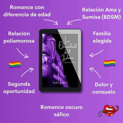 Imagen promocional del libro «La Oscuridad del Deseo» de Ruby Scott, un romance oscuro sáfico. La imagen muestra una portada sensual en tonos púrpura con labios cubiertos de líquido, y destaca los temas: romance con diferencia de edad, relación poliamorosa, segunda oportunidad, relación Ama y Sumisa (BDSM), familia elegida, y dolor y consuelo. Íconos arcoíris rodean el diseño.