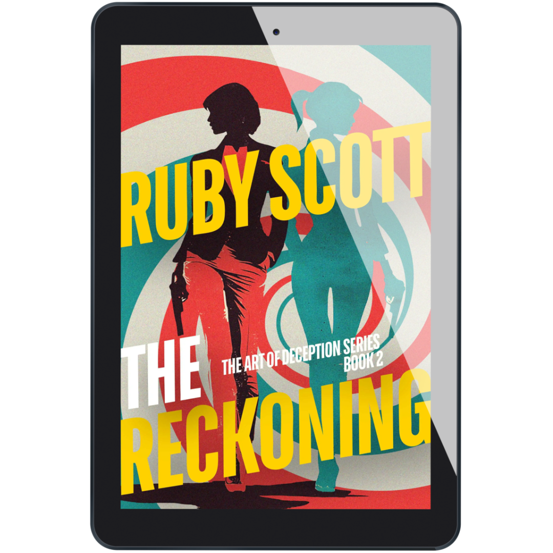 lesbian spy thriller and lesbian fiction ebook mockup of The Reckoning by Ruby Scott, showing a stylised cover with two female silhouettes and bold typography. A lesbian love story thriller from the Art of Deception series by lesbian romance author Ruby Scott and lesbian romance fiction author Ruby Scott.