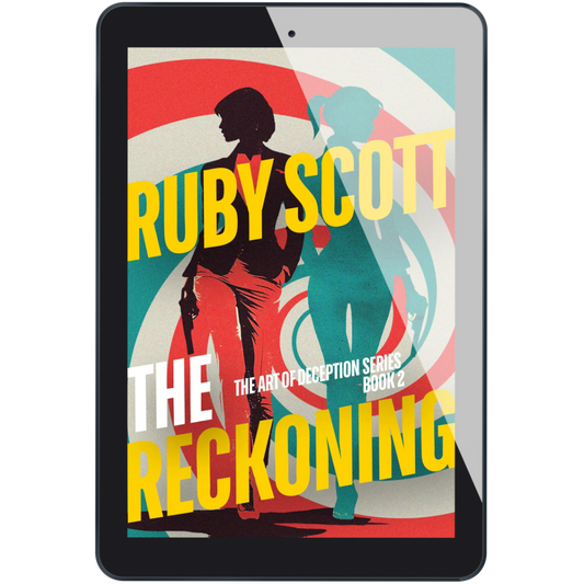 lesbian spy thriller and lesbian fiction ebook mockup of The Reckoning by Ruby Scott, showing a stylised cover with two female silhouettes and bold typography. A lesbian love story thriller from the Art of Deception series by lesbian romance author Ruby Scott and lesbian romance fiction author Ruby Scott.