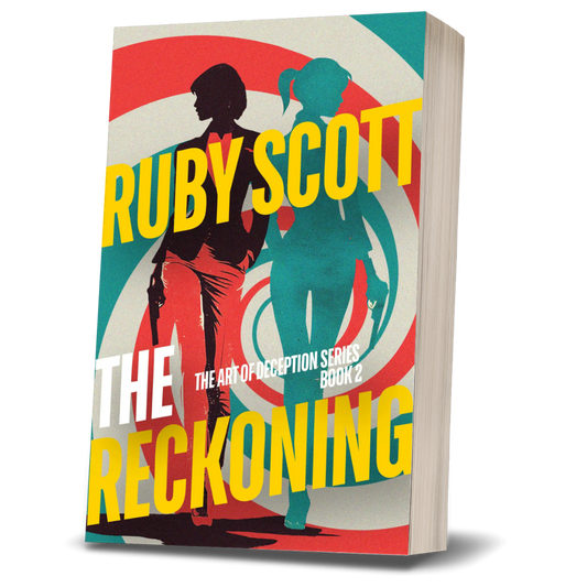 lesbian spy thriller and lesbian fiction paperback mockup of The Reckoning by Ruby Scott, displayed as a 3D book with vibrant graphic cover art and female silhouettes. A tense lesbian love story thriller from the Art of Deception series by lesbian romance author Ruby Scott and lesbian romance fiction author Ruby Scott.