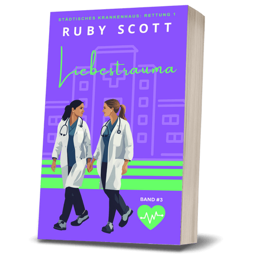 3D paperback mockup of Liebstrauma by Ruby Scott, a lesbian romance book and lesbian love story featuring two women doctors walking hand in hand in a hospital setting, part of a lesbian fiction medical romance series by lesbian romance author Ruby Scott and Lesbischer Arztroman fiction author Ruby Scott.