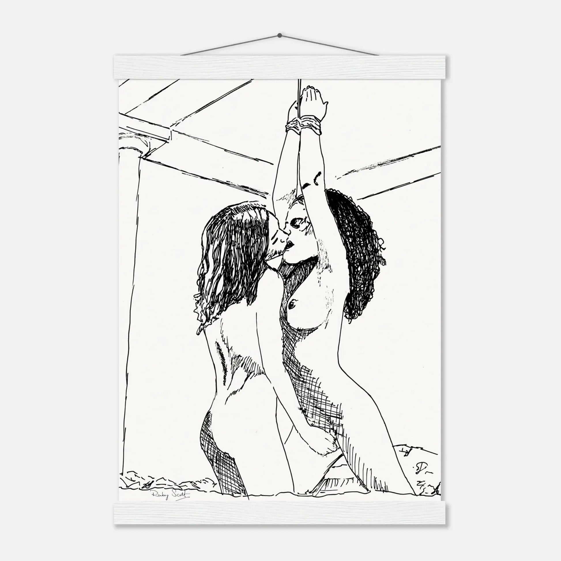 Black and white sapphic art print depicting intimate lesbian connection captured in expressive ink line work, minimalist sensual illustration focused on closeness and vulnerability, lesbian romance book and lesbian love story inspired artwork, lesbian fiction art by lesbian romance author Ruby Scott and lesbian romance fiction author Ruby Scott.
