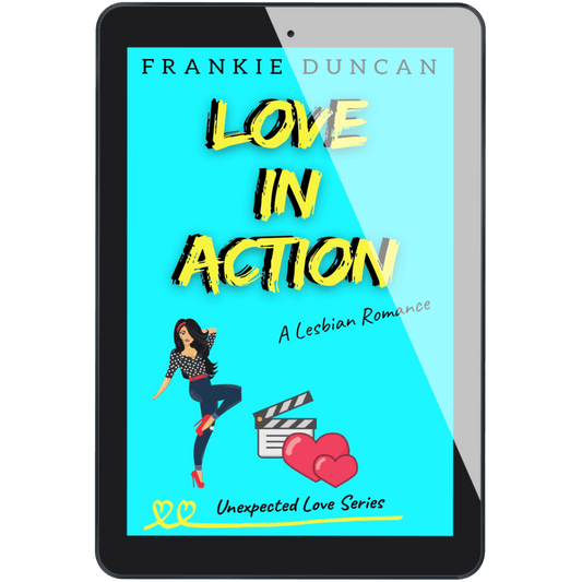 Love in Action ebook on tablet, contemporary lesbian romance by Frankie Duncan