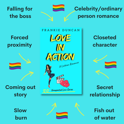 Tropes from Love in Action by Frankie Duncan aka Ruby Scott – a lesbian romance book and lesbian romantic comedy book featuring a sweet lesbian love story and themes of lesbian fiction like forced proximity, closeted characters, and secret relationships