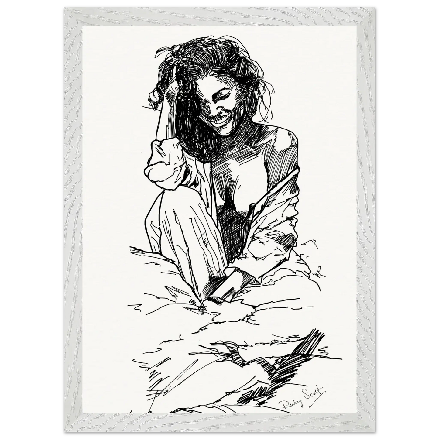 Black and white sapphic art print depicting soft morning after closeness between women, minimalist ink illustration designed for modern interiors, lesbian romance book and lesbian love story inspired artwork, lesbian fiction art by lesbian romance author Ruby Scott and lesbian romance fiction author Ruby Scott.