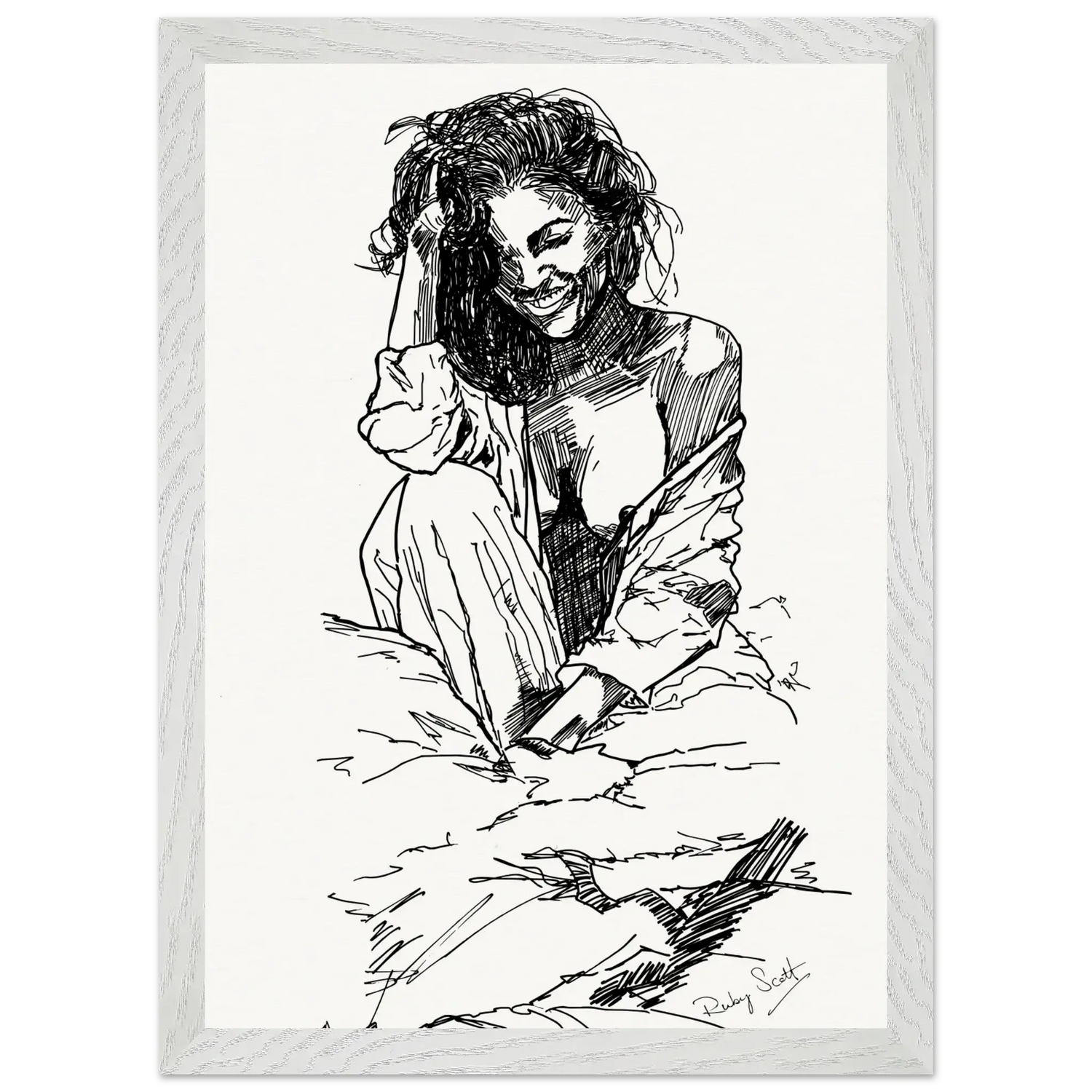 Black and white sapphic art print depicting soft morning after closeness between women, minimalist ink illustration designed for modern interiors, lesbian romance book and lesbian love story inspired artwork, lesbian fiction art by lesbian romance author Ruby Scott and lesbian romance fiction author Ruby Scott.