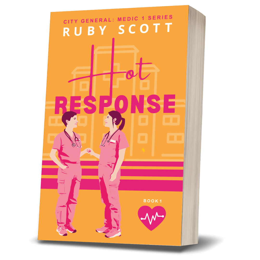 lesbian medical romance book cover image featuring the paperback edition of hot response by Ruby Scott, representing a lesbian romance book, lesbian love story, and lesbian fiction by lesbian romance author Ruby Scott and lesbian romance fiction author Ruby Scott.
