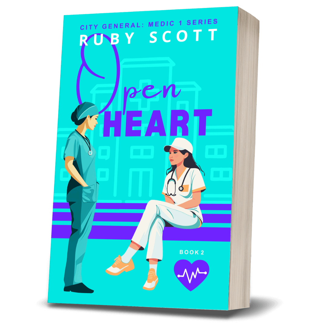 lesbian medical romance book cover image featuring the paperback edition of open Heart by Ruby Scott, representing a lesbian romance book, lesbian love story, and lesbian fiction by lesbian romance author Ruby Scott and lesbian romance fiction author Ruby Scott.