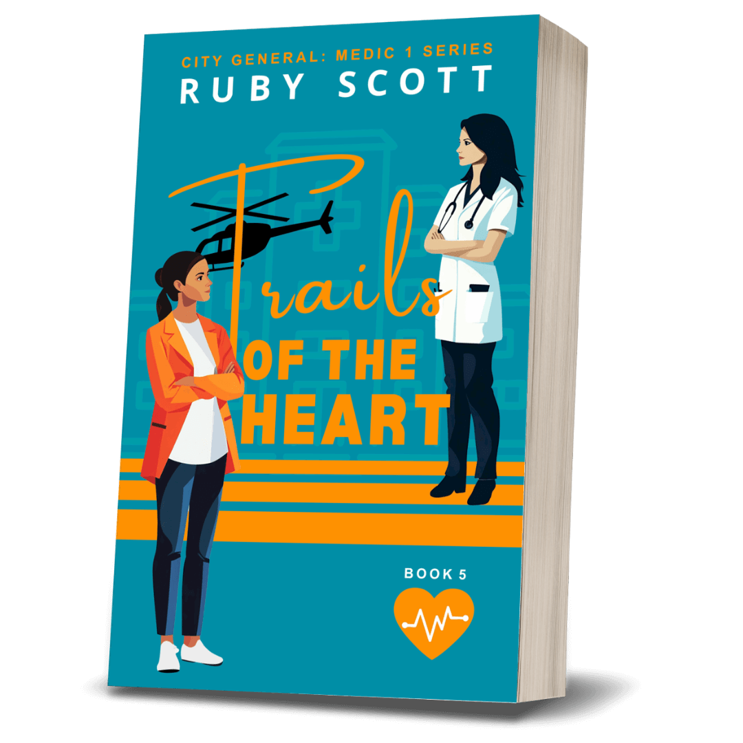  lesbian medical romance book cover image featuring the paperback edition of trails of the Heart  by Ruby Scott, representing a lesbian romance book, lesbian love story, and lesbian fiction by lesbian romance author Ruby Scott and lesbian romance fiction author Ruby Scott.