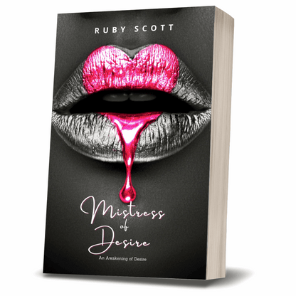 Mistress of Desire by lesbian romance fiction author Ruby Scott, a provocative lesbian romance book with glossy pink lips cover, part of a steamy lesbian love story series in lesbian fiction.