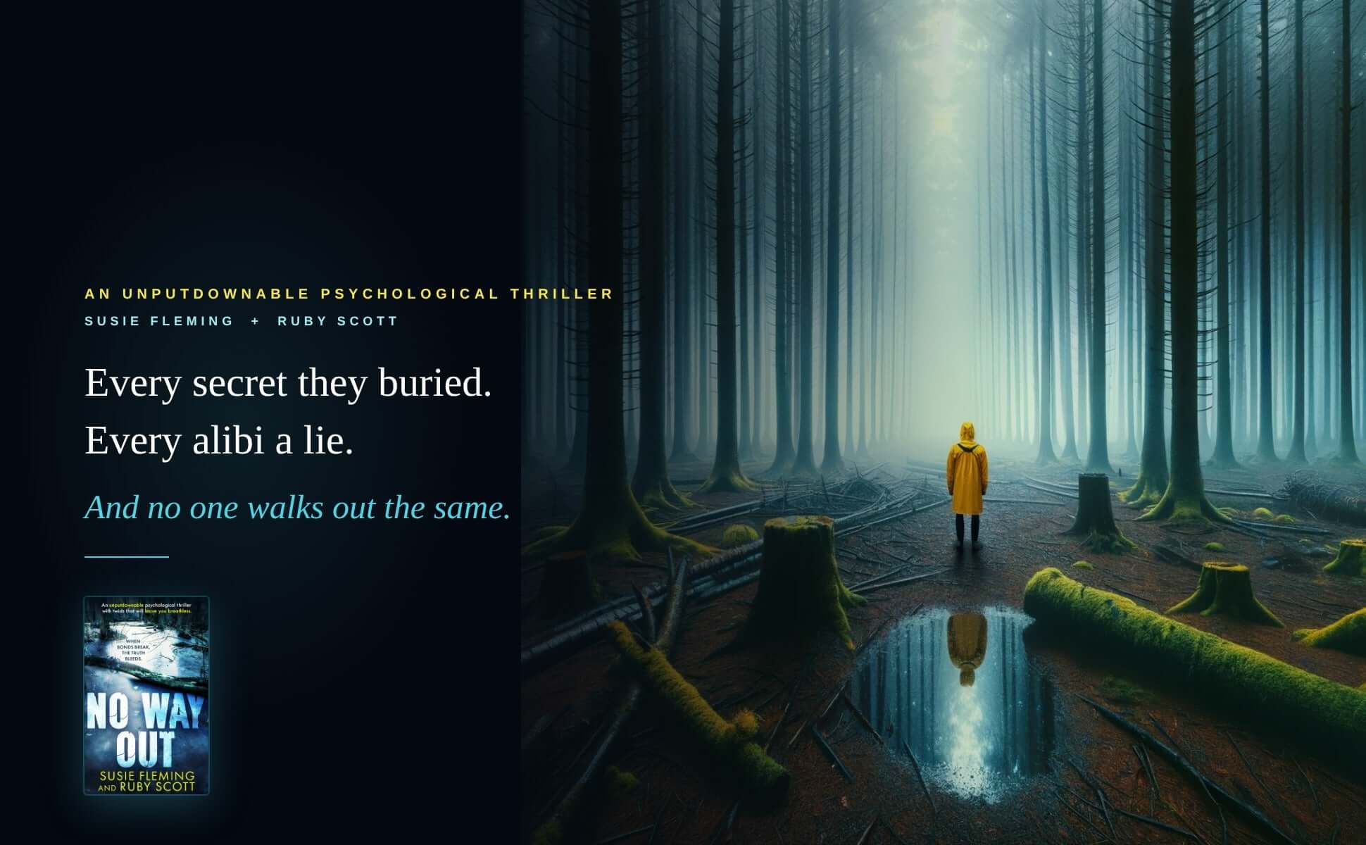 Person in a yellow raincoat standing in a foggy forest with text about a psychological thriller.