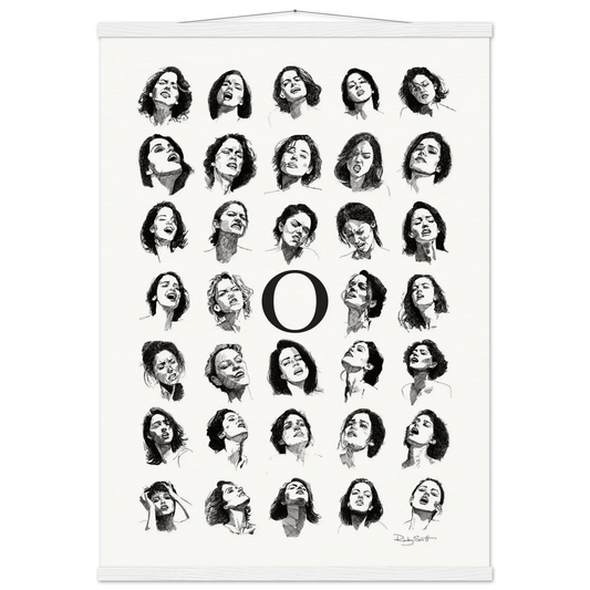O - Museum-quality fine art poster featuring thirty-four expressive women's portraits, ready to hang with included magnetic wood hanger.