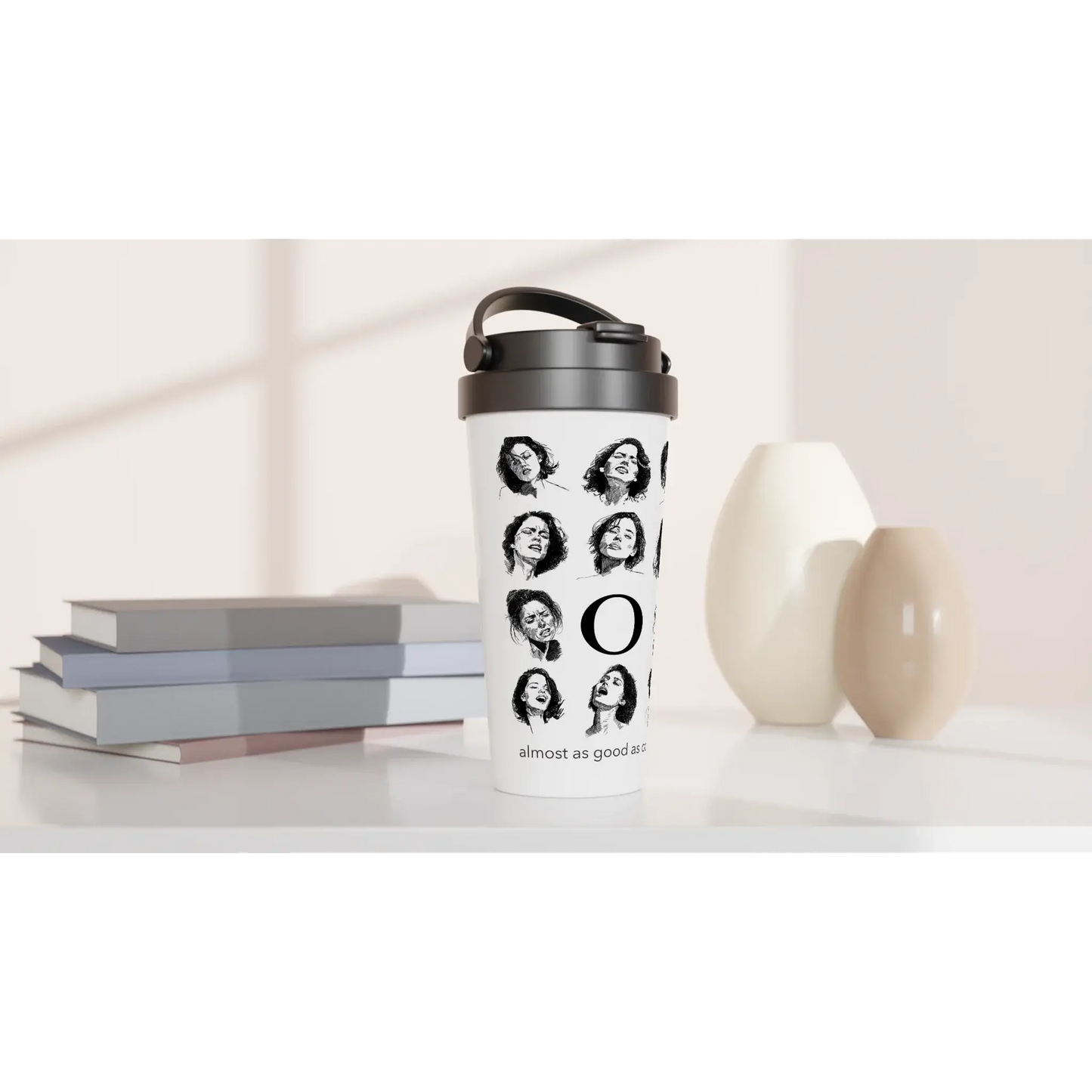 O travel mug front display by Ruby Scott