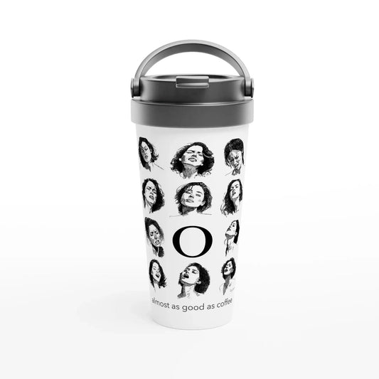 O — Almost as Good as Coffee travel mug featuring original ink studies on a white stainless steel design.