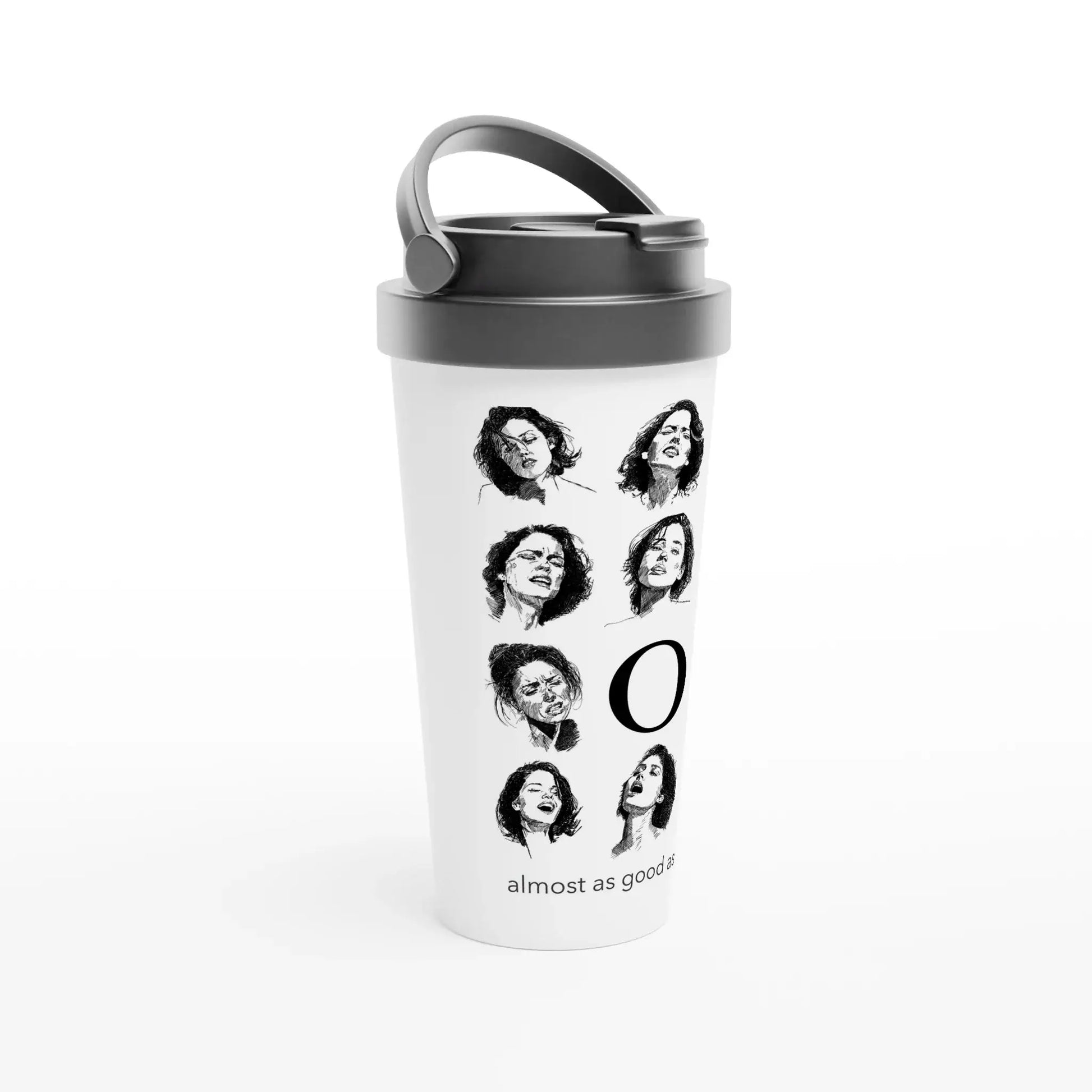 O travel mug front view, sapphic art design by Ruby Scott