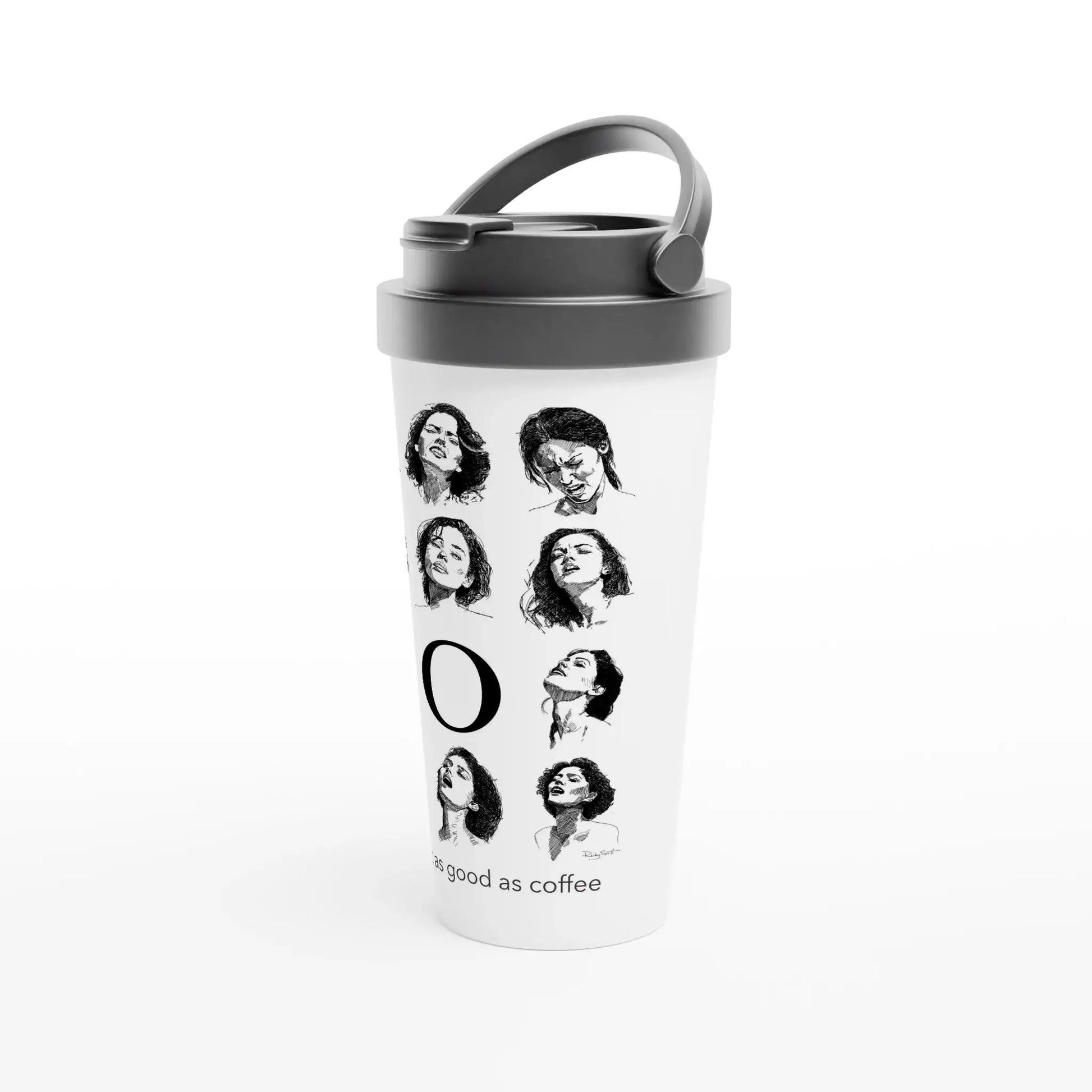 O travel mug front view, sapphic fine art design by Ruby Scott