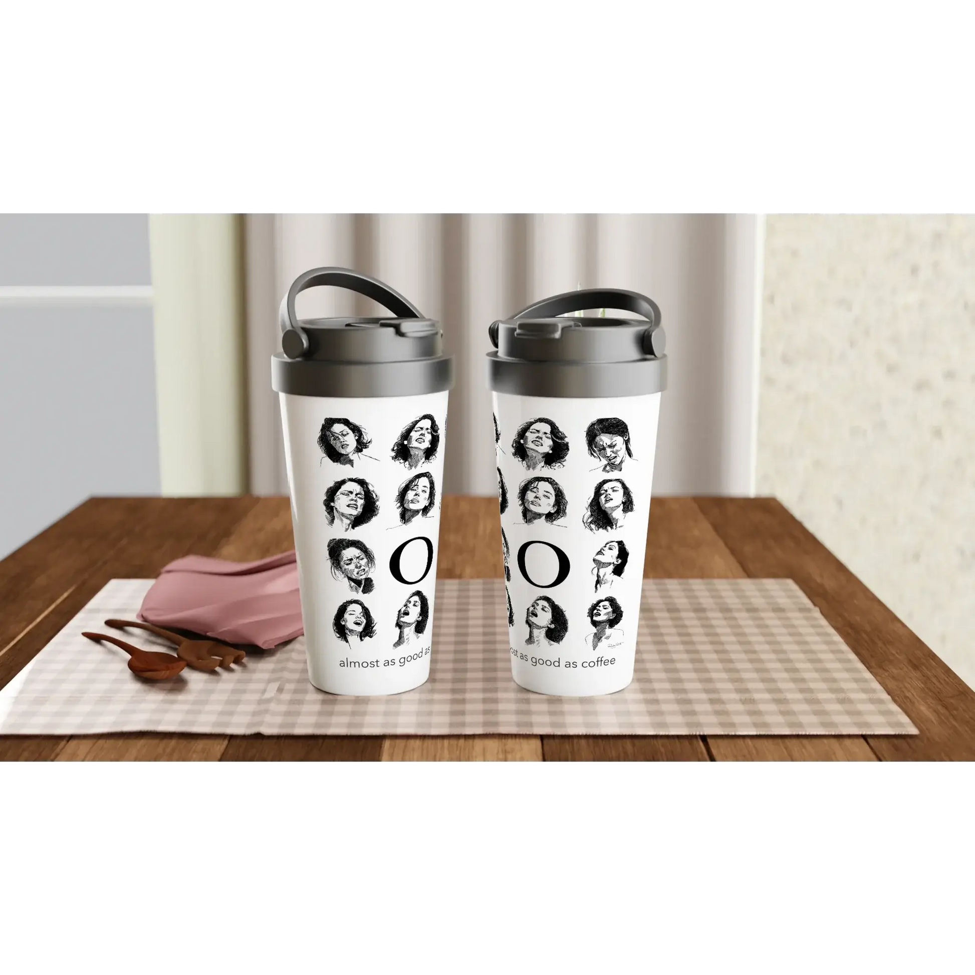 O travel mugs on a kitchen counter, Ruby Scott merchandise