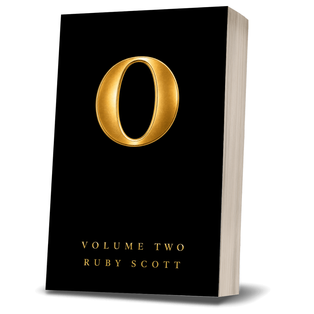 Book titled 'O Volume Two' by Ruby Scott with a gold letter 'O' on a black cover.