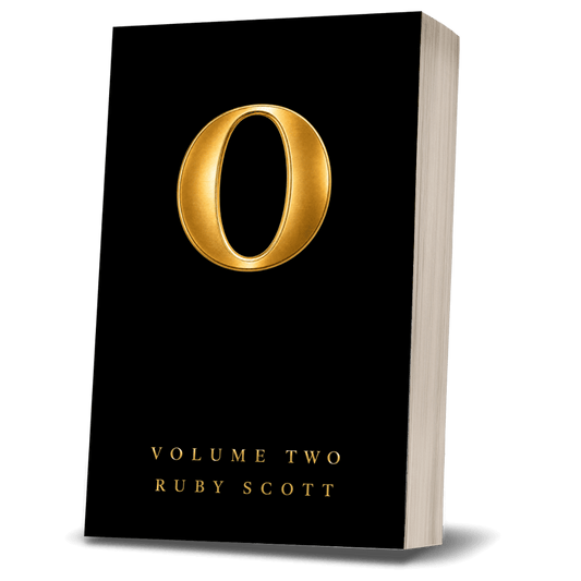 Book titled 'O Volume Two' by Ruby Scott with a gold letter 'O' on a black cover.
