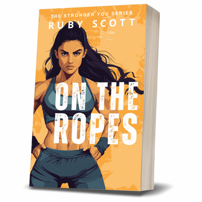 Book cover of “On the Ropes” by lesbian romance fiction author Ruby Scott, showing a muscular woman in a sports bra with long dark hair, set against an orange background. A powerful lesbian love story and lesbian romance about strength, self-worth, and healing