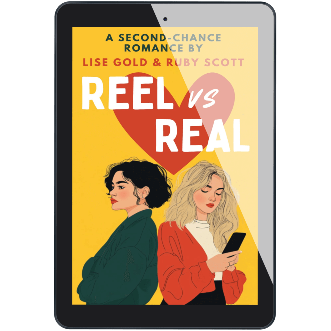 Reel vs Real ebook on tablet, sapphic romance co-written by Ruby Scott and Lise Gold