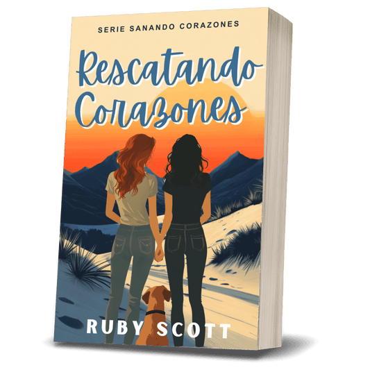 Book cover of 'Rescatando Corazones: Romance lésbico slow burn' featuring two women holding hands with a dog.