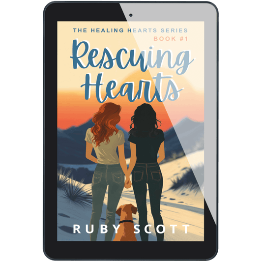 Rescuing Hearts ebook on tablet, Healing Hearts book one Goldie Award finalist slow burn lesbian romance by Ruby Scott