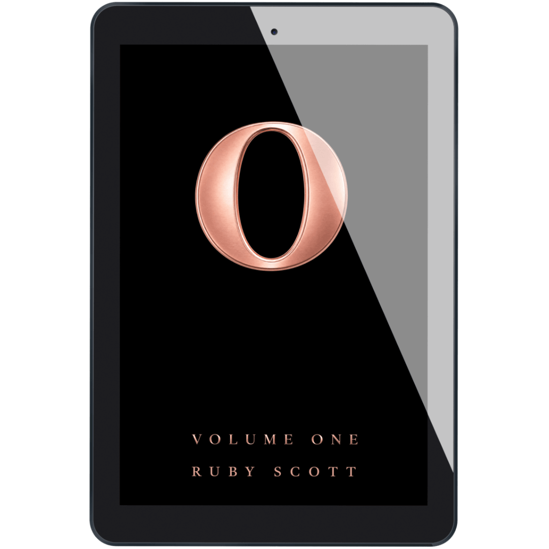 Ebook edition of O Volume One by Ruby Scott displayed on a tablet with an elegant black and rose gold cover. Perfect for fans of erotic lesbian romance books, sapphic romance, WLW stories, emotional lesbian love stories, and contemporary lesbian fiction