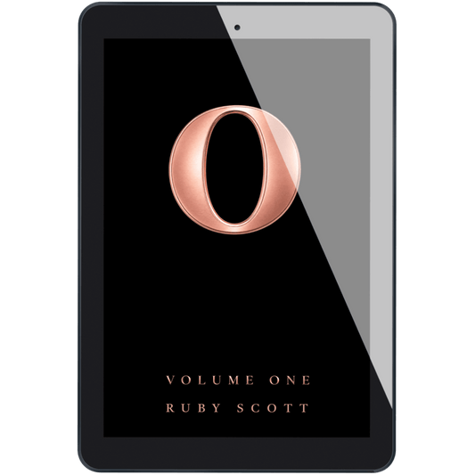 Ebook edition of O Volume One by Ruby Scott displayed on a tablet with an elegant black and rose gold cover. Perfect for fans of erotic lesbian romance books, sapphic romance, WLW stories, emotional lesbian love stories, and contemporary lesbian fiction