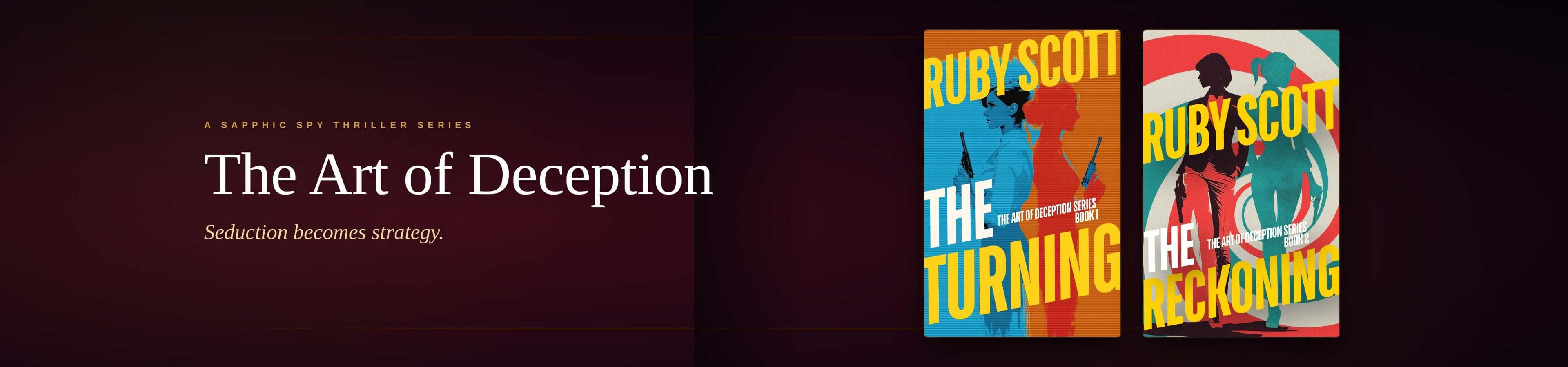 Two book covers titled 'The Turning' and 'The Reckoning' by Ruby Scott on a dark background.