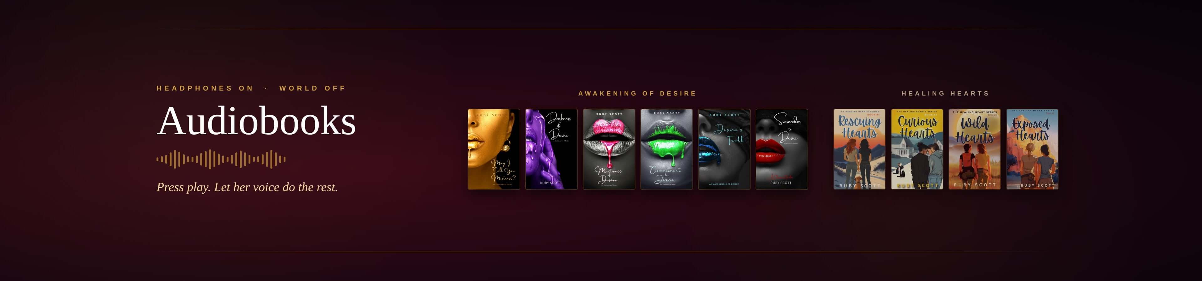 Audio books cover images on a dark background with brand name.