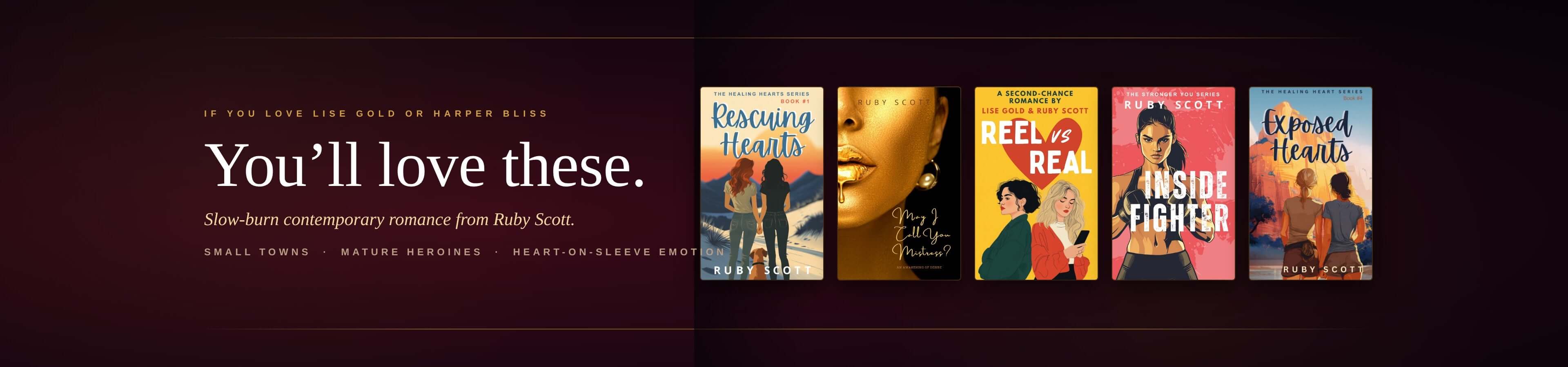 Promotional banner for books with book covers and text on a dark background