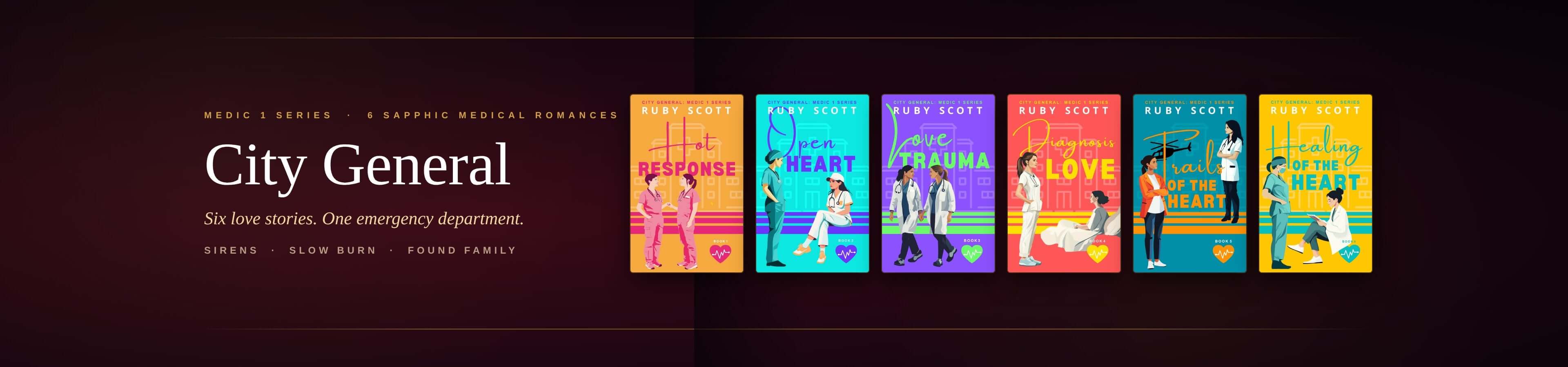 Row of book covers with characters and titles on a dark background