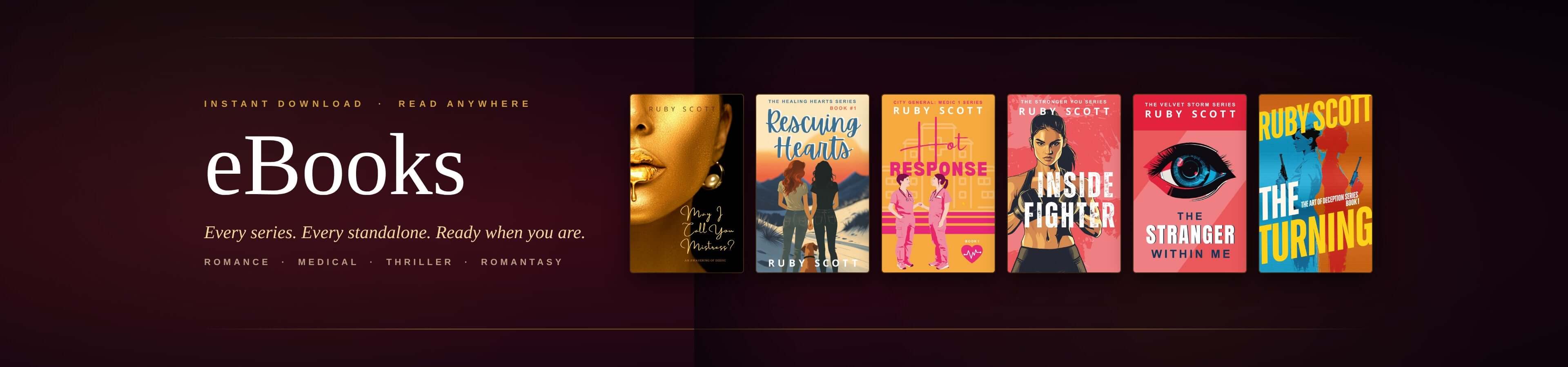 Promotional banner for eBooks with book covers and text on a dark background