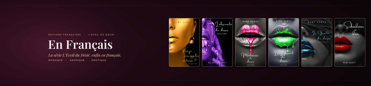 A promotional banner for a French language book series titled 'En Français' by 'Le Petit Livre'. The left side features white text on a dark maroon background, while the right side displays five colorful book covers with stylized illustrations of lips and faces.