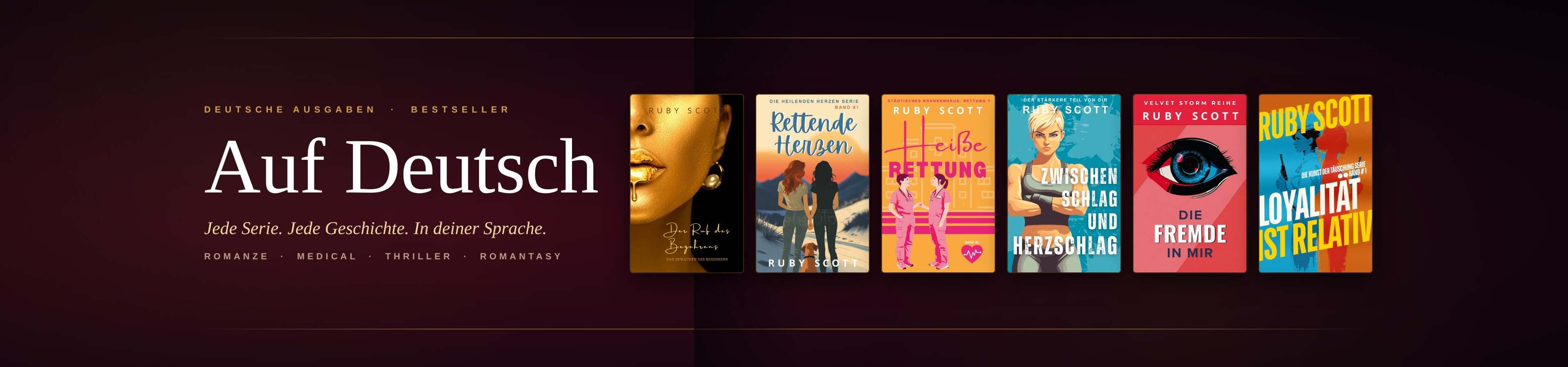 Row of book covers with text 'Auf Deutsch' on a dark background