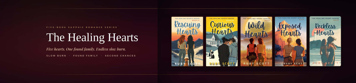 A promotional banner for the book series 'The Healing Hearts' featuring five romance novel covers on the right against a dark maroon background, with the series title and tagline on the left.