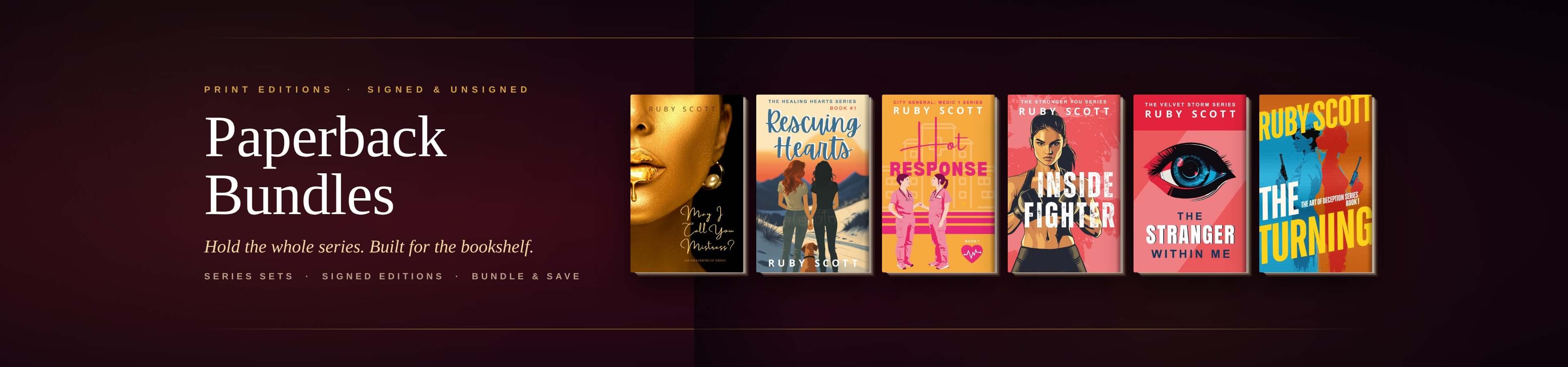 Promotional banner for paperback bundles with book covers displayed on a dark background.