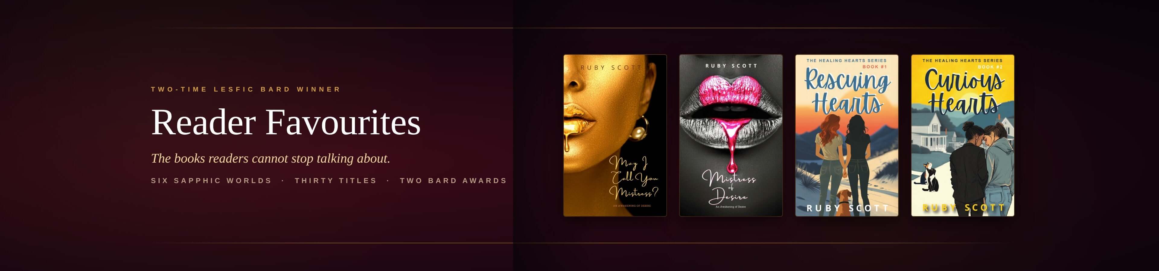 Promotional banner for 'Reader Favourites' with book covers and text on a dark background