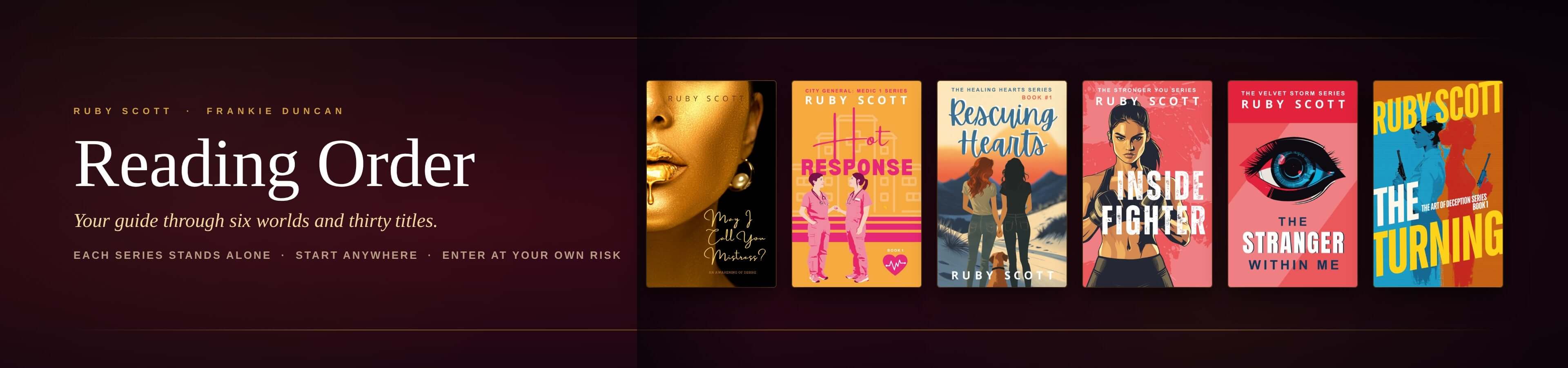 Row of book covers with titles and authors on a dark background