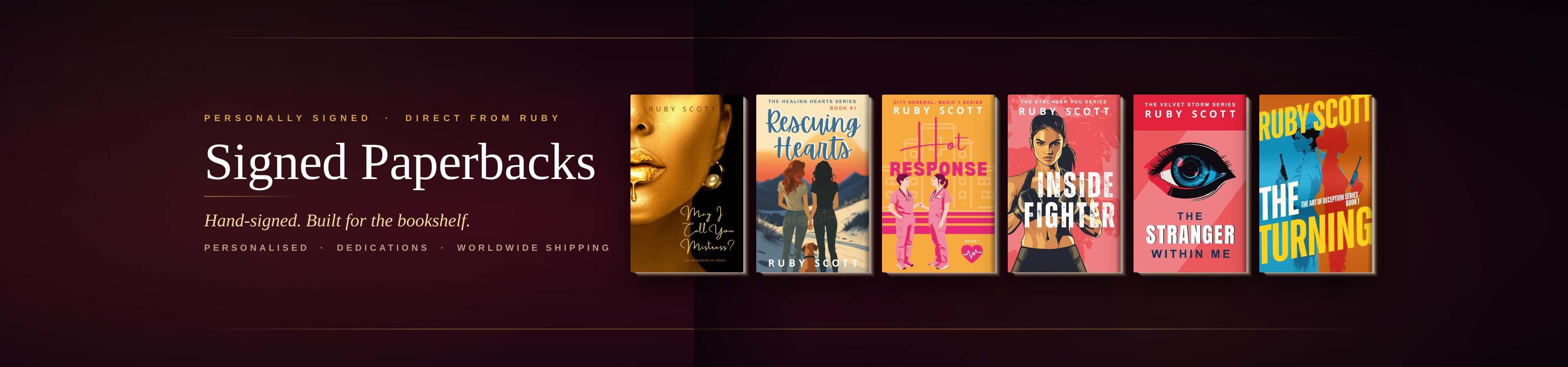 Row of book covers with titles and authors on a dark background
